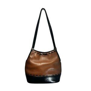 Vintage Brighton Pebble Leather Bucket Shoulder Bag Purse Handbag Tan Black